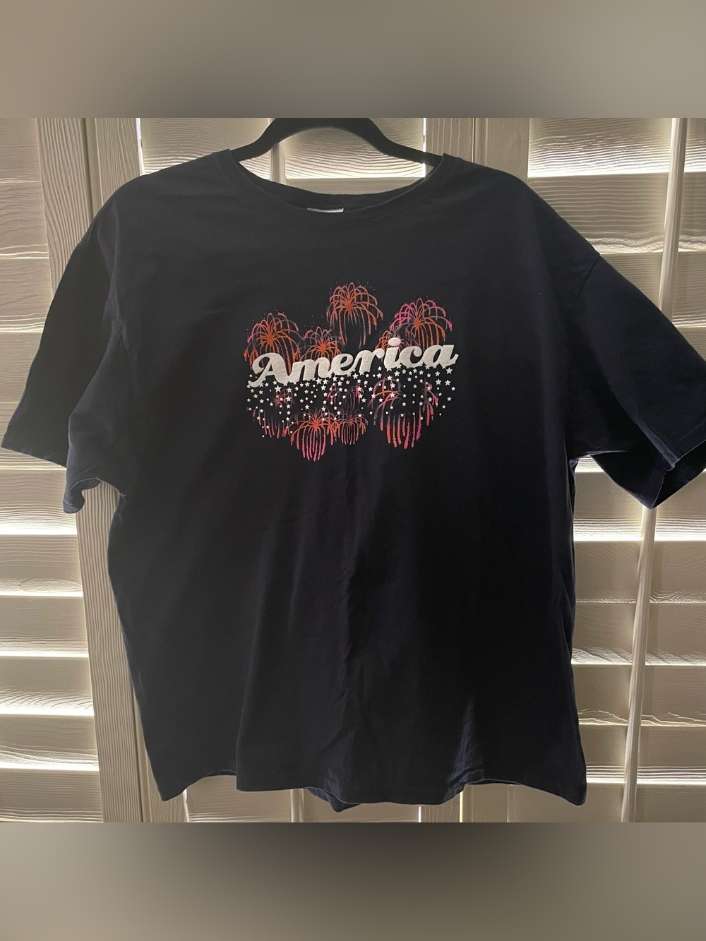 Hanes XL Navy T-Shirt with White 'America' Script and Red Fireworks